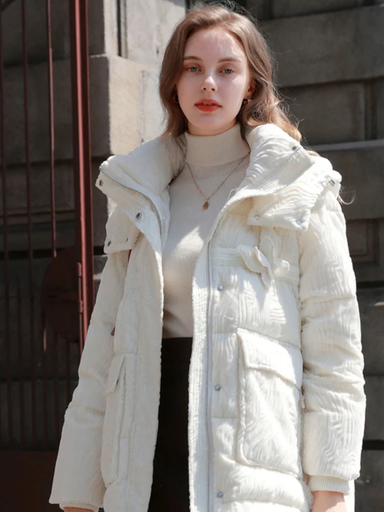 TXii Autumn and winter new white down jacket hooded 90%white duck down coat thin fashion long women