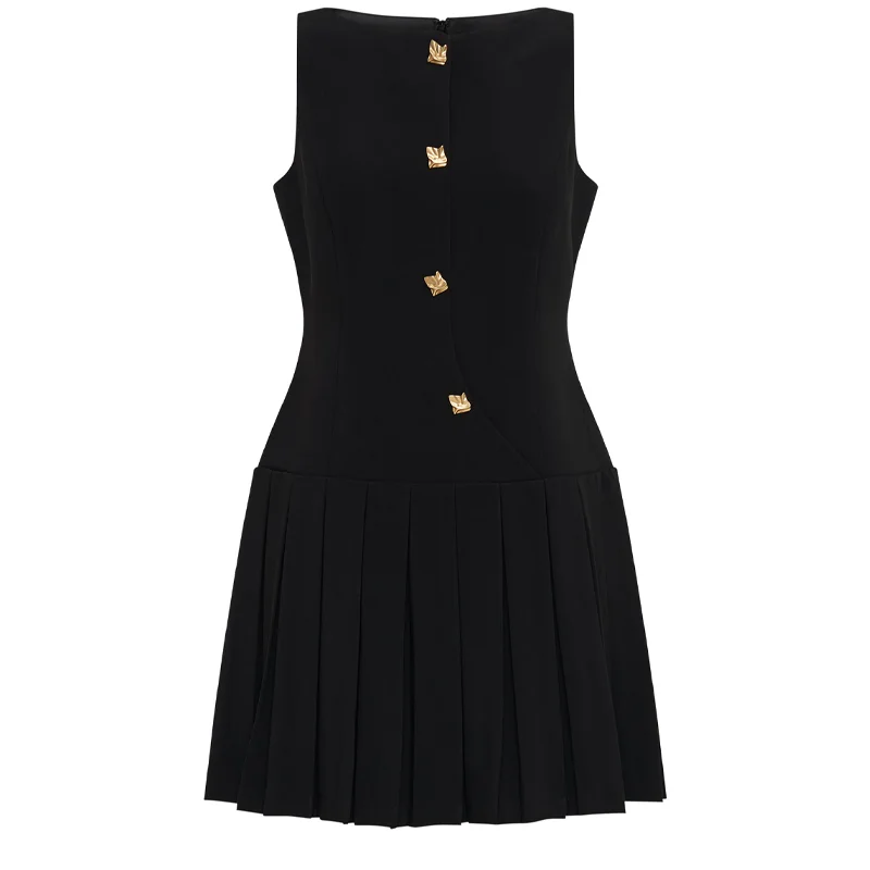 

Summer New Women Dress Simple European Style Wide Hem Pleated Waist Solid Sleeveless Short Dress