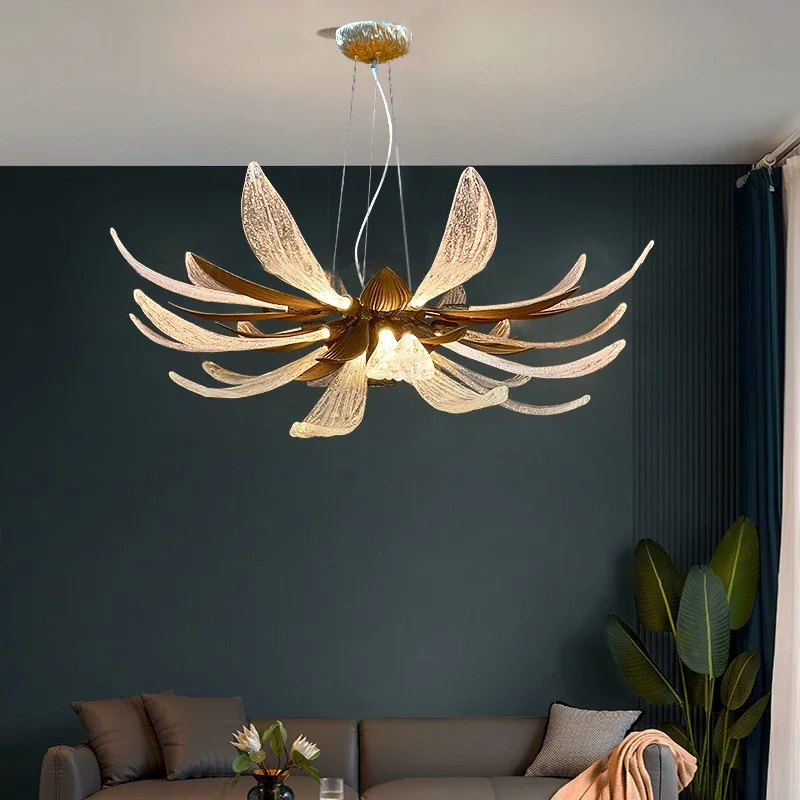 

Modern Luxury Full Copper LED Glass Chandelier Hanging Pendant Light for Living Room Dining Room Villa Kitchen Ceiling