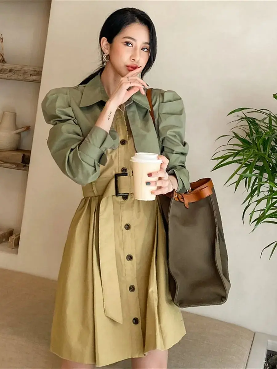 2024 Korean Fashion Lapel Long-sleeved Trench Coat Dress For Women Casual Colorblocking Single-breasted Short Dress