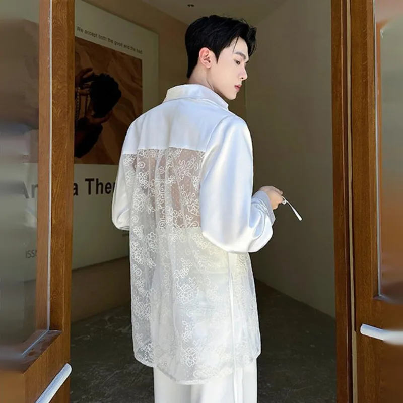 WVGA весна осень новый мужской кружевной лоскутный модный дизайн рубашка с длинным рукавом нишевый шикарный повседневный топ с отложным воротником Ins W14358