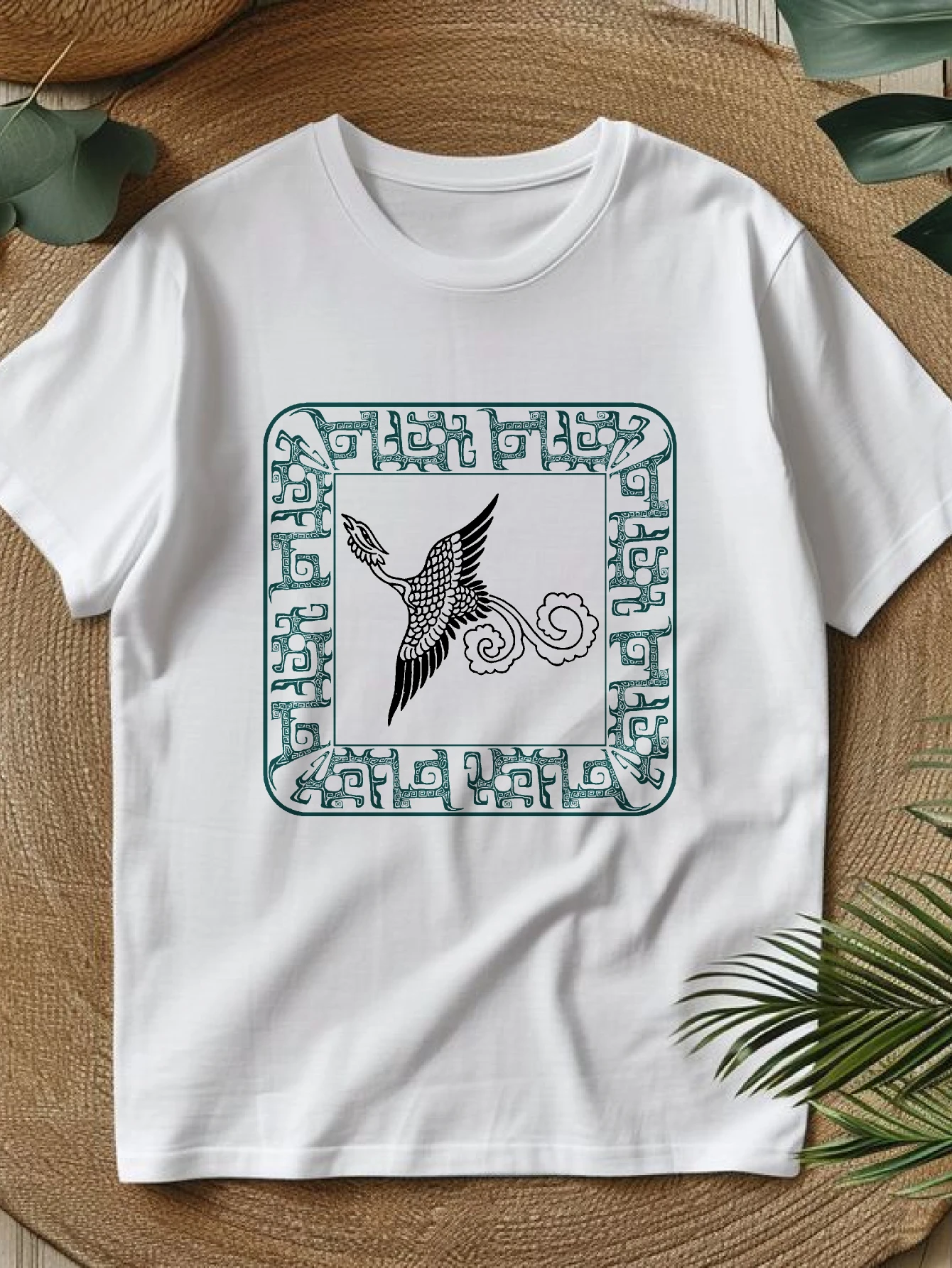 

Женские футболки в китайском стиле, базовая футболка большого размера для женщин, летняя повседневная футболка из 100% хлопка с декоративной рамкой в виде птицы p