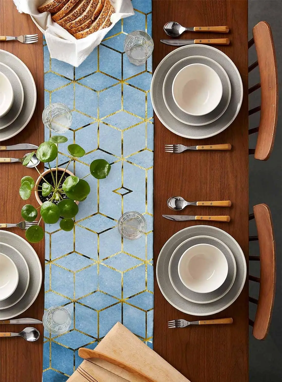 Marble Blue Linen Table Runners Modern Abstract Geometric Black Gold Table Runner Dresser Scarf Kitchen Party Dining Table Decor