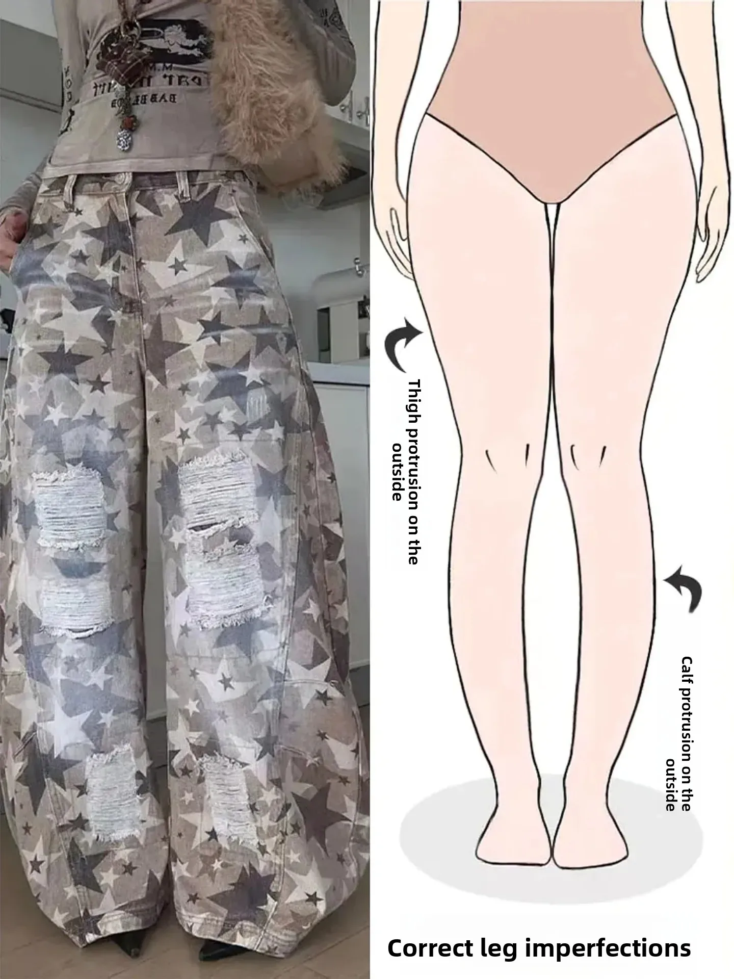 

Американские ретро-джинсы с принтом звезд, широкие штанины, женские, дизайнерские, с вырезами, из денима, повседневные, с высокой талией