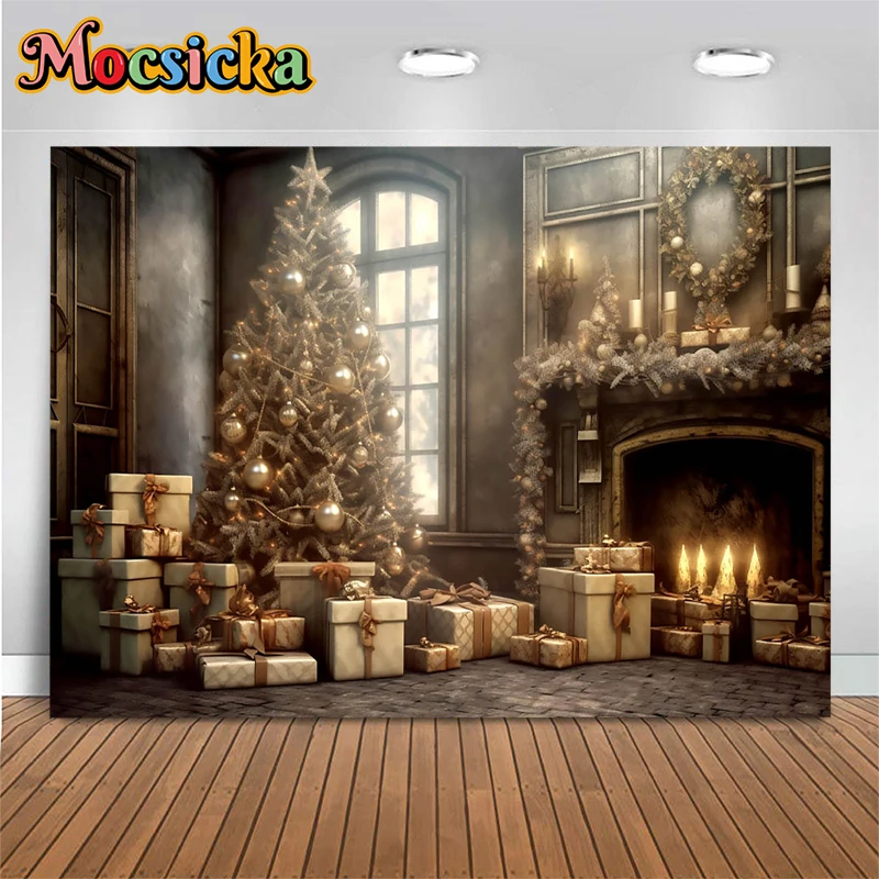 Mocsicka Christmas Tree Art Decoration Background Gift Candle Props Grey Gold Vintage House Fireplace Backdrop Studio Photobooth