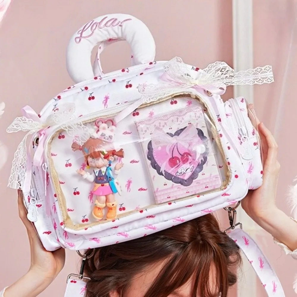 

Sweet Cherry Print Tote Ita Bag Lace Bow Sac Femme Teenage Girls Hand Bags Transparent Bolso Multi-function Bolsos De Mujer