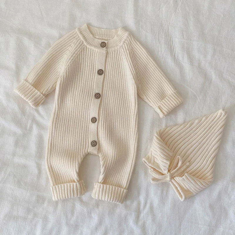 جديد ربيع 2026 بدلة قفز محبوكة للأطفال البنات والأولاد + قبعة بأكمام طويلة بلون سادة ملابس أطفال محبوكة للأطفال الصغار #5