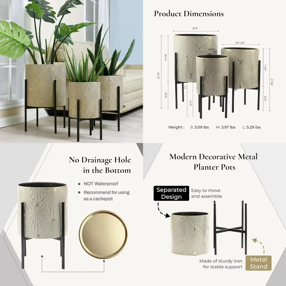 

Modern Decorative Metal Indoor Planters Set of 3 with Stands, Distressed Grey Floor Pots for Modern Home Decor