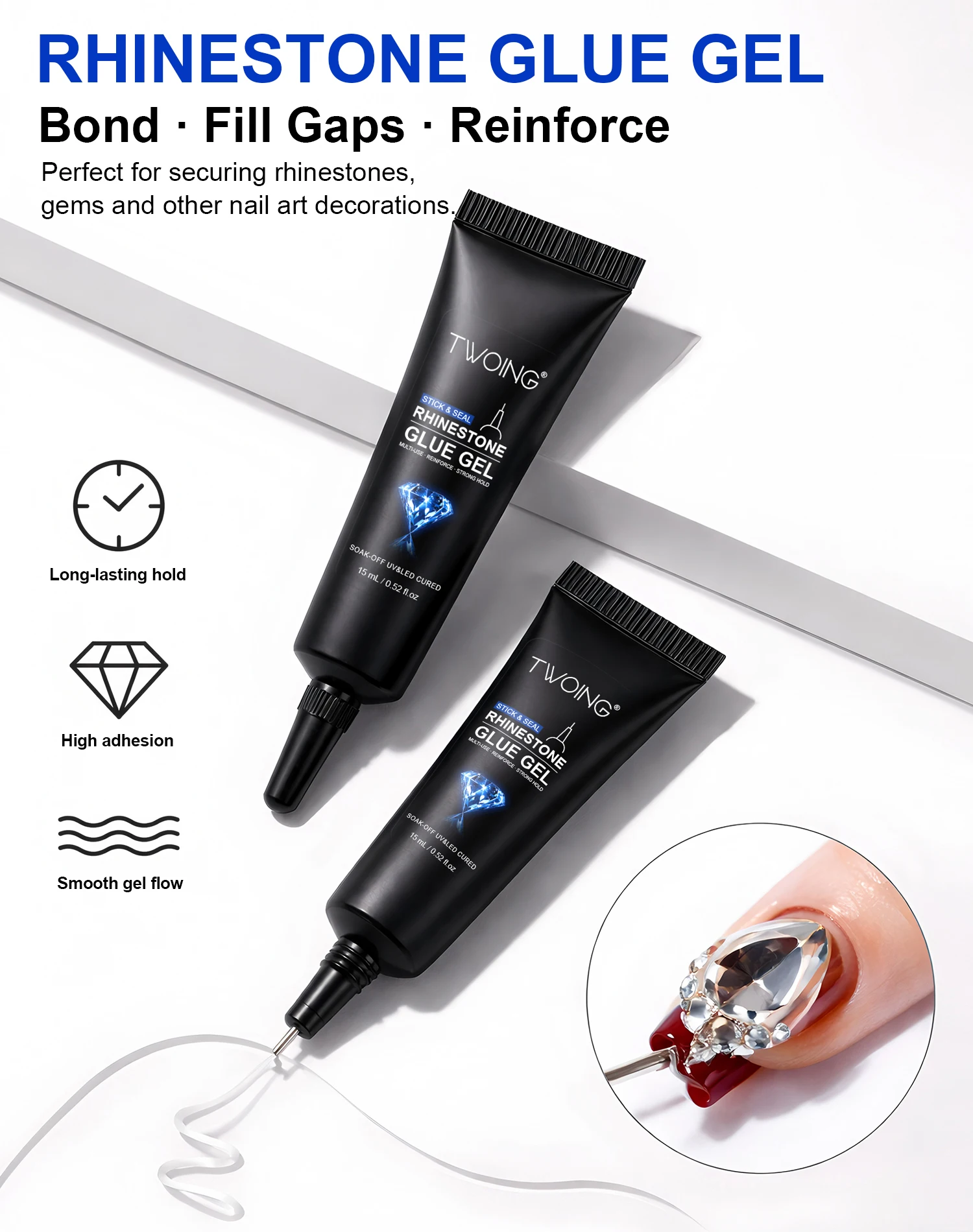 TWOING 15ml Strass-Klebegel, UV-LED-Nagelkleber für Edelsteine, Kristalle & Charms, Fugenfüllung, Langanhaltender Halt – Detail 1