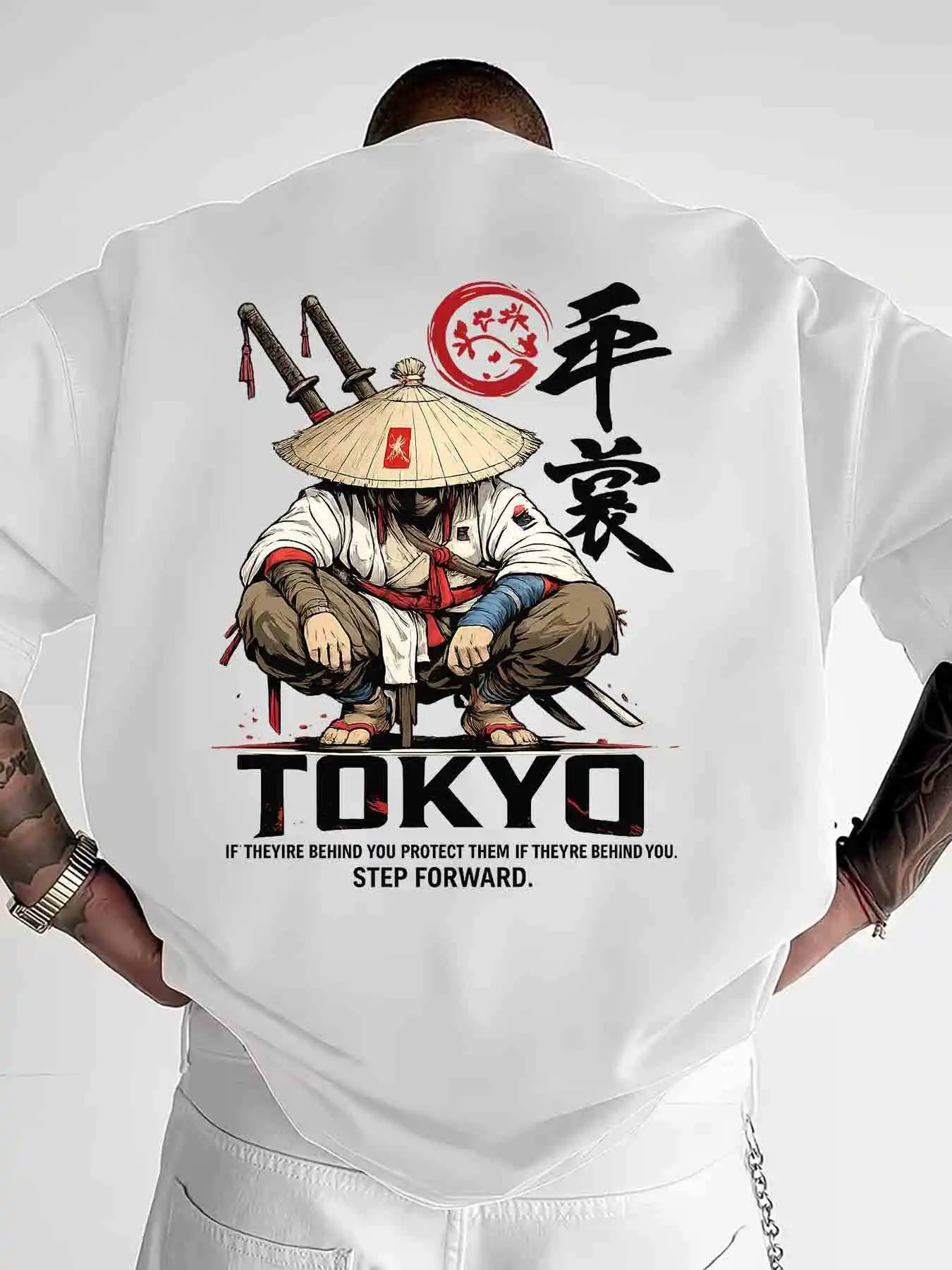 Loose Comfortable Casual Tokyo Samurai Theme T-Shirt Men'S Japanese Ninja Pattern Trendy Short Sleeve Retro Anime Style Loose Top Street Individual Design Suitable for Daily Wear and Gifting