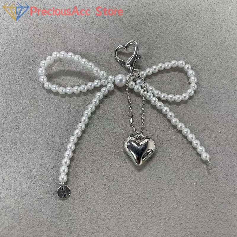 Temperament Sweet Bowknot Heart Pendant Keychain Fashion Beaded Phone Charm Bow Phone Lanyard Bag Decoration Accessories Gifts