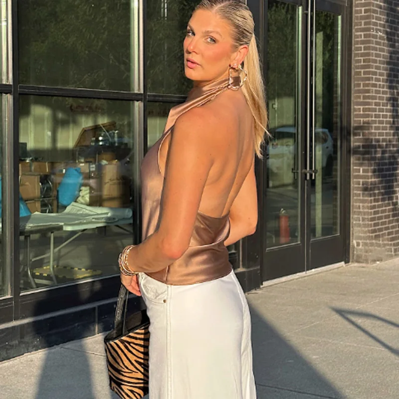 HXAO ホルターネック イエロートップ レディース サマー サテン タンク＆キャミソール ノースリーブ バックレス クロップトップ 女性用 コルセット ホワイト ブラック ブラウン ベストトップ