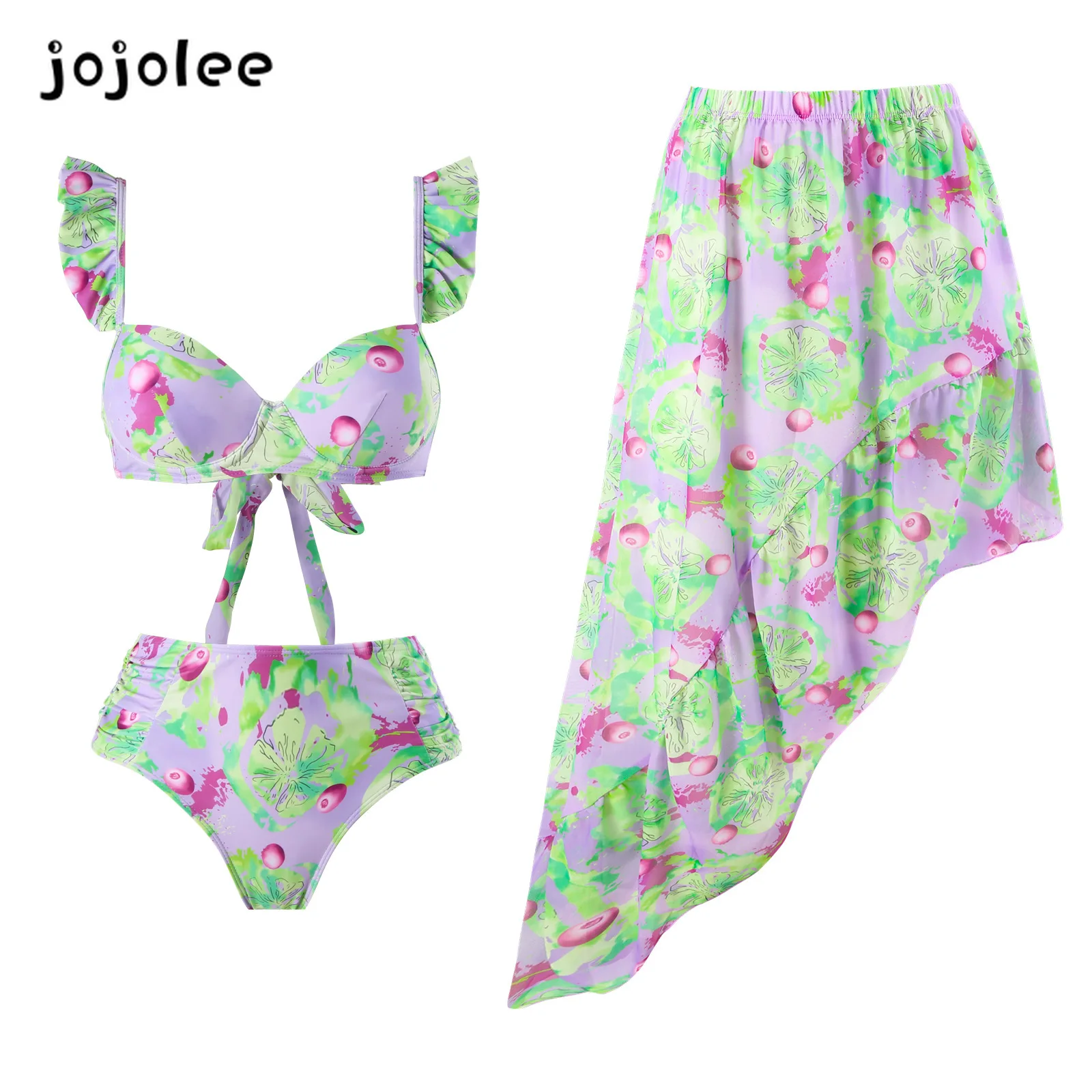 2024 Gathered Split Three-piece Sexy Hot Spring Holiday Swimsuit Set Wholesale Printing Bikini  Swimwear  Swimsuit  Cupshe