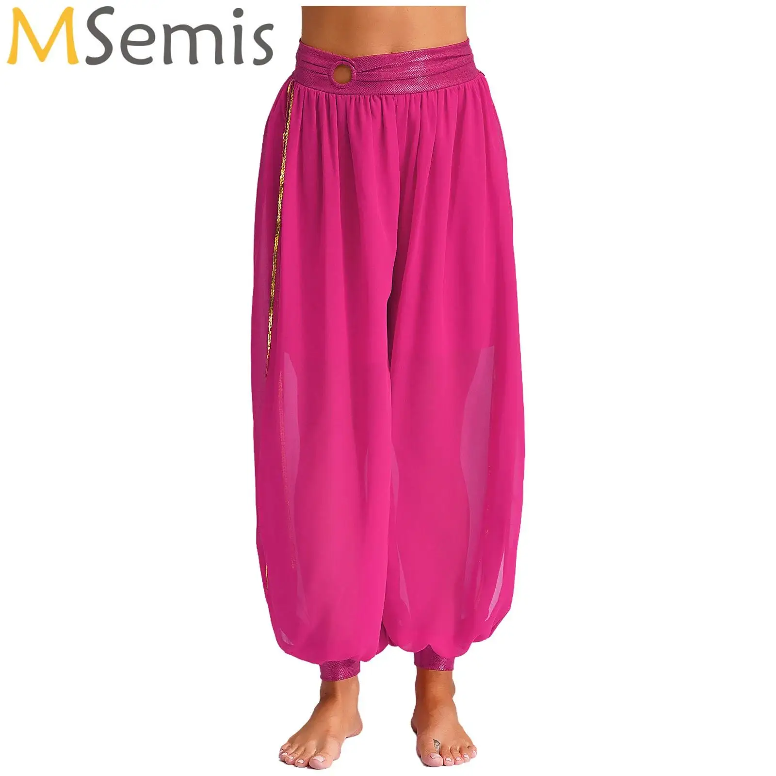 

Womens Belly Dance Bloomers Halloween Theme Party Carnival Tribal Arabic Costume Chiffon O-ring Waistband Side Split Pants