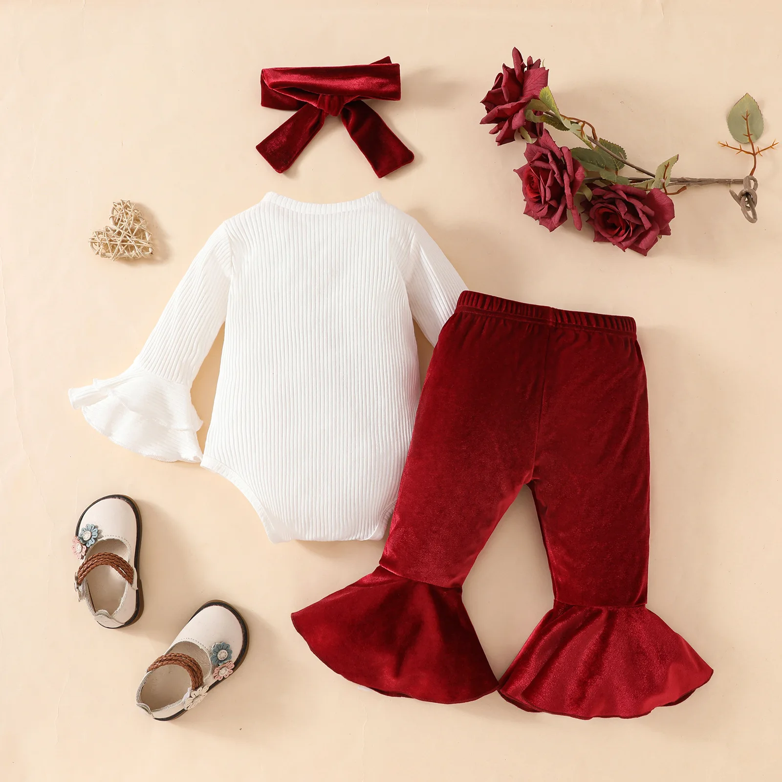 Autumn New Baby Clothes Set 0-18M Infant Girls' Bow Bodysuit+Red Bell Bottom Pants +Headband 3Pcs Toddler New Years' Suit