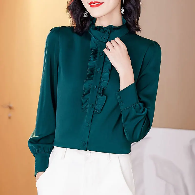 Office Lady Ruffled Neck Long Sleeve Blouse Spring Autumn Silk Edible Tree Fungus Chic Single-breasted Korean All-match Shirt