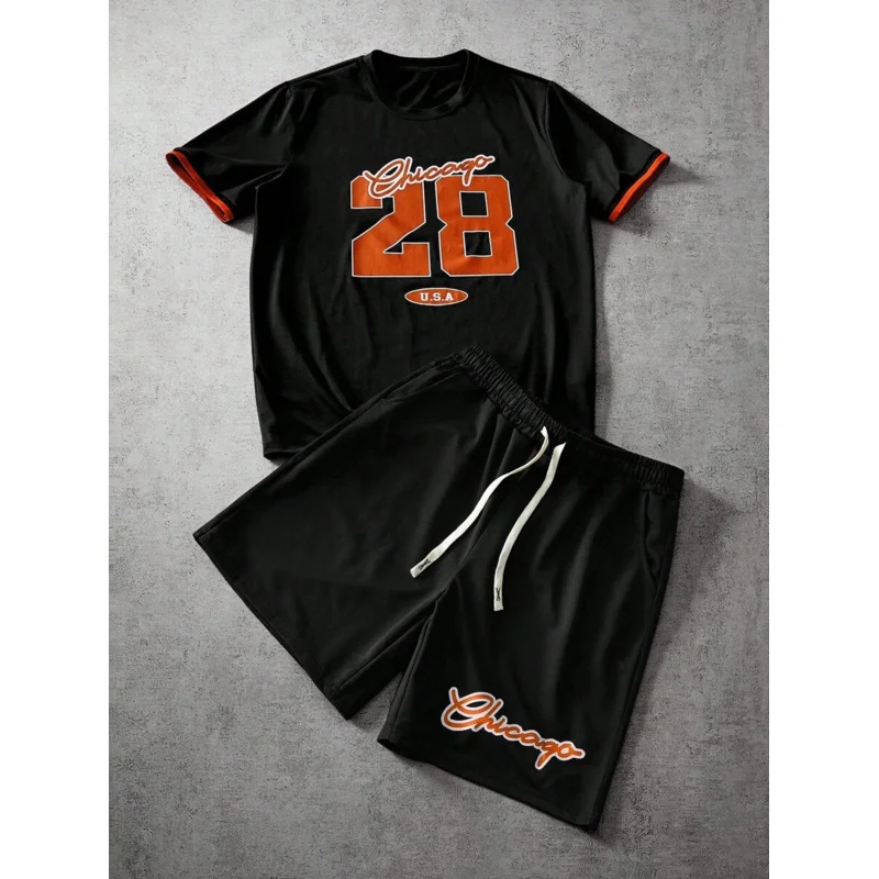 Men's Fashion Casual Black T-Shirt Set With Chicago 28 Red & White Graphic Print