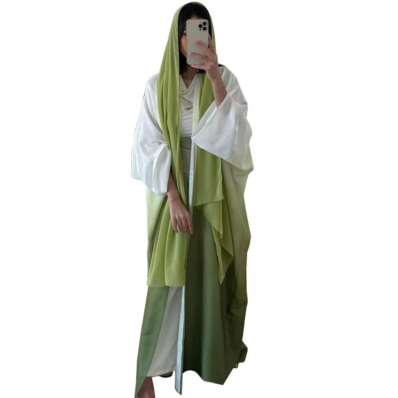Mq209 Skromny Kardigan Kurtka Lato 2025 Nowy Gradientowy Płaszcz z Chustą Dwuczęściowy Zestaw Moda Damska Islam Elegancki