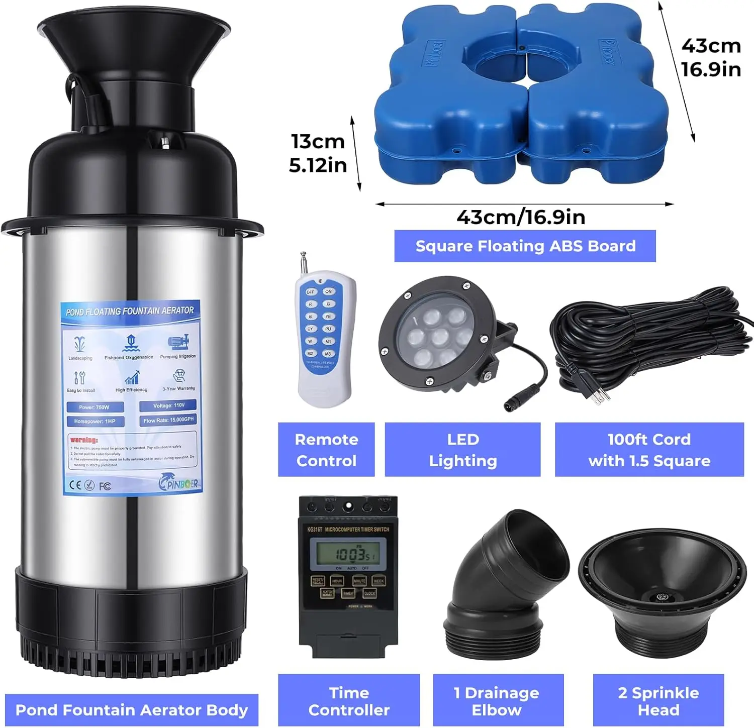 

Аэратор для фонтана для пруда со светодиодной подсветкой RGB-15000 GPH, 110 В, 1 л.с., 750 Вт, плавающий фонтан, аэрация для больших прудов, качество продажи