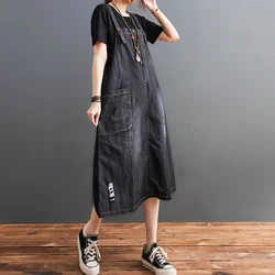 #2104 Summer Black Overall Denim Dress Wemen Big Pockets Loose Asymmetrical A-line Midi Denim Dresses Ladies Buttons Vestidos