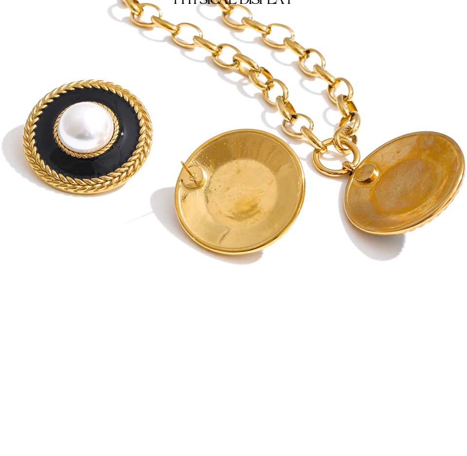 Yhpup Französisches Edelstahl-Set mit simulierten Perlen, rundem Anhänger, Halskette und Ohrringen, trendiger Statement-Schmuck für Damen – Detail 6
