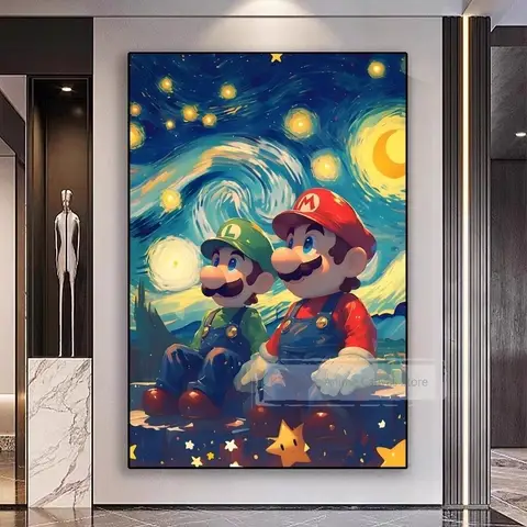 Mario Brothers for Bedroom Decoration Painting Van Gogh Starry Sky Art Canvas Entrance Living Room  Esports Room Mural