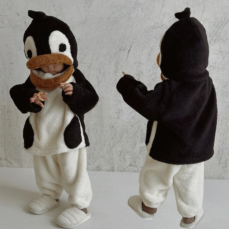 

2025 Children's Autumn/Winter New Penguin Double Sided Velvet Cute Home Clothes Two piece Set