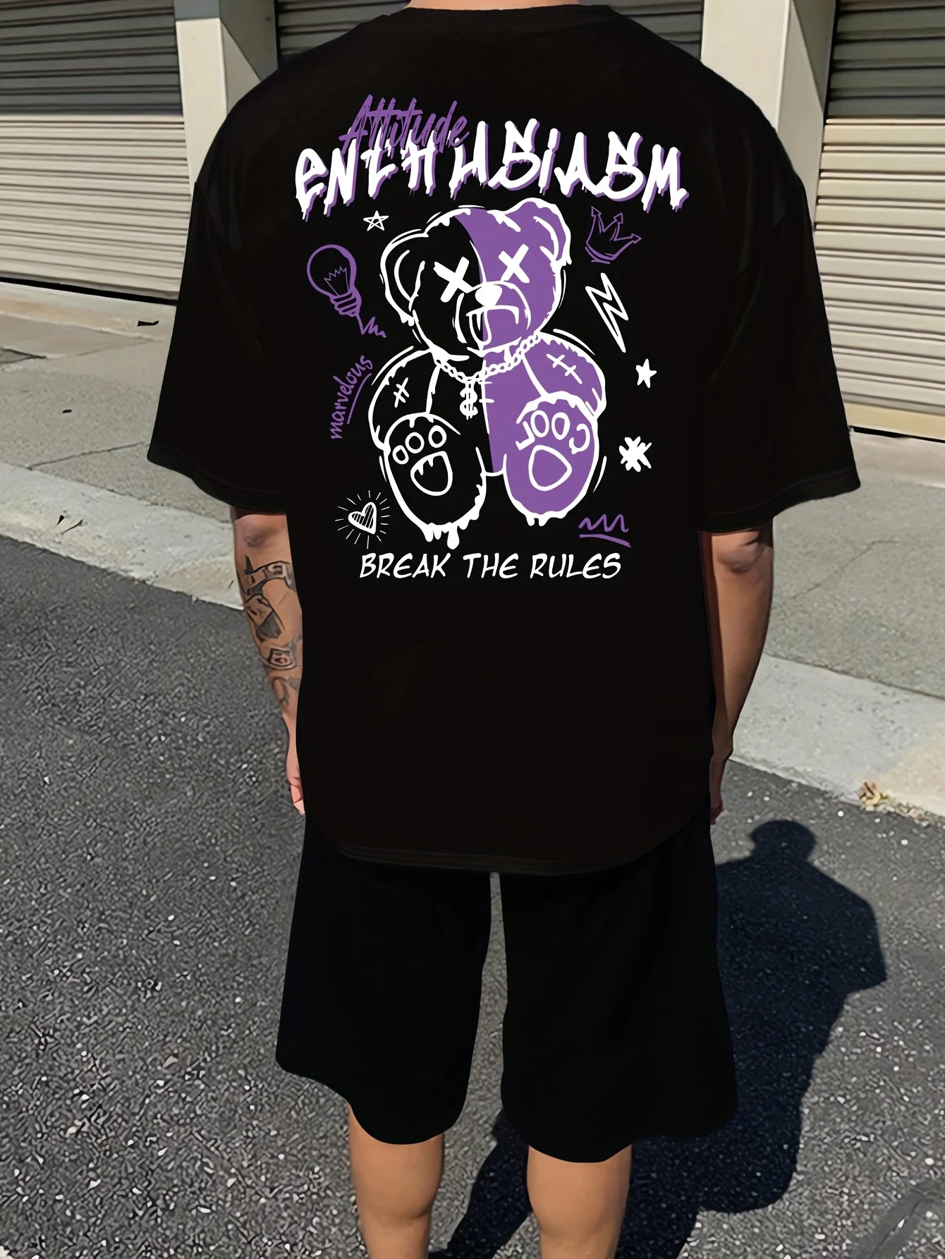 

European and American Men's Summer Gothic Bear Pattern Micro Elastic Breathable Round Neck T-shirt Shorts Set Outdoor Street Wea