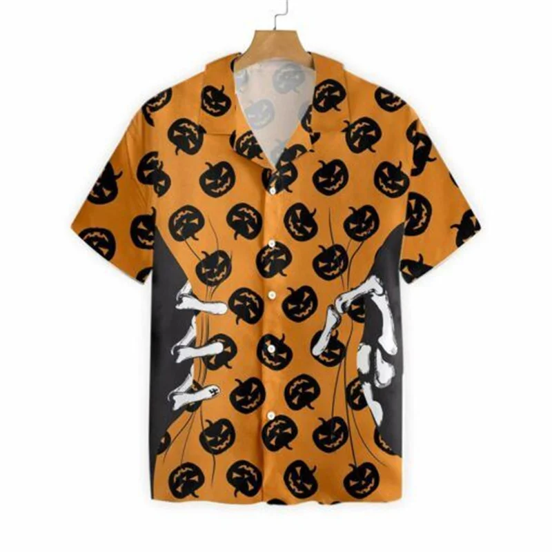 

Men's Halloween Shirt Cuban Collar Holiday Party Shirt Men's Casual Street Short Sleeved Fashionable Pumpkin Head Printed Shirts