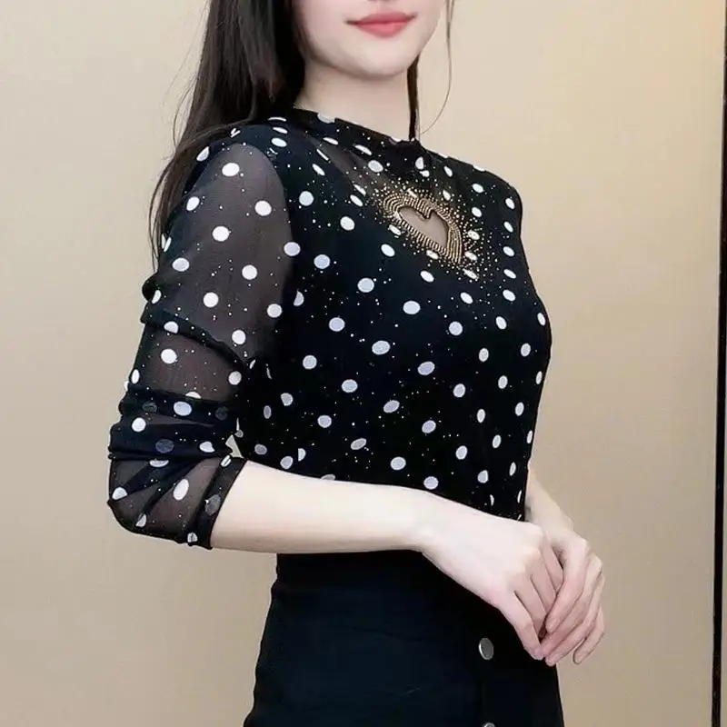 Spring Autumn Women's Pullover Round Neck Solid Gauze Polka Dot Hollow Out Rhinestone Long Sleeve T-shirt Fashion Casual Tops