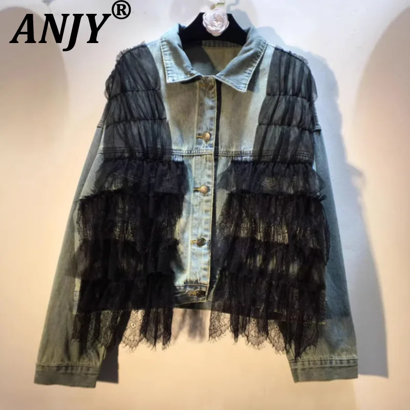 

ANJY Autumn New Women Streetwear Layered Lace Mesh Pantchwork Denim Jacket Tide Chic Turn-down Collar Single Breasted Coat A8528