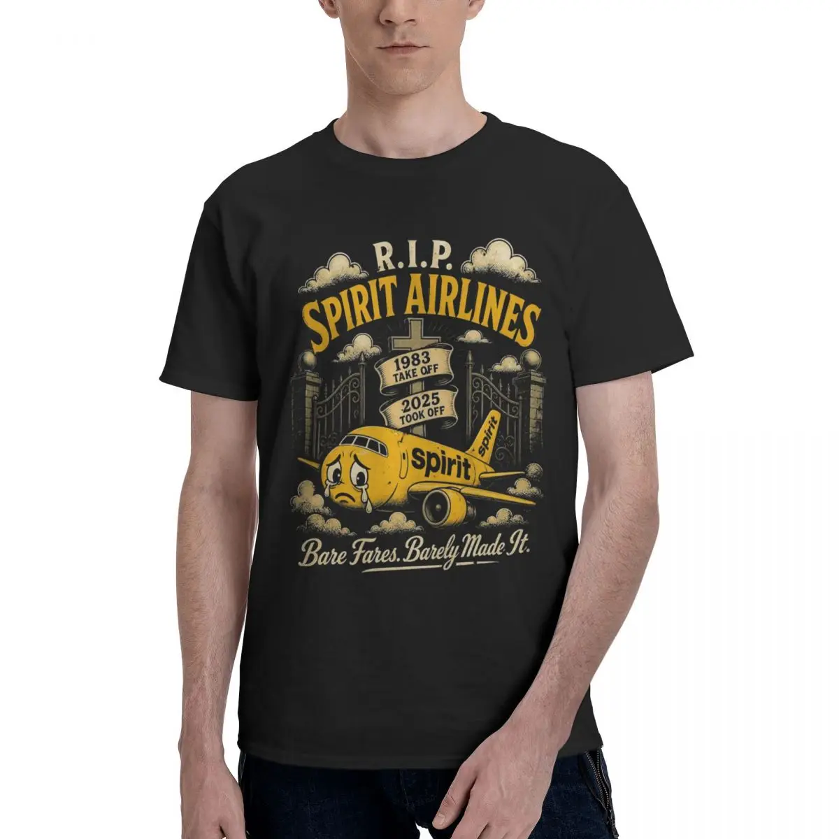 Men RIP Spirit Airlines 1983-2026 Funny 2026 T Shirt Vintage O-neck Cotton T Shirt Homme