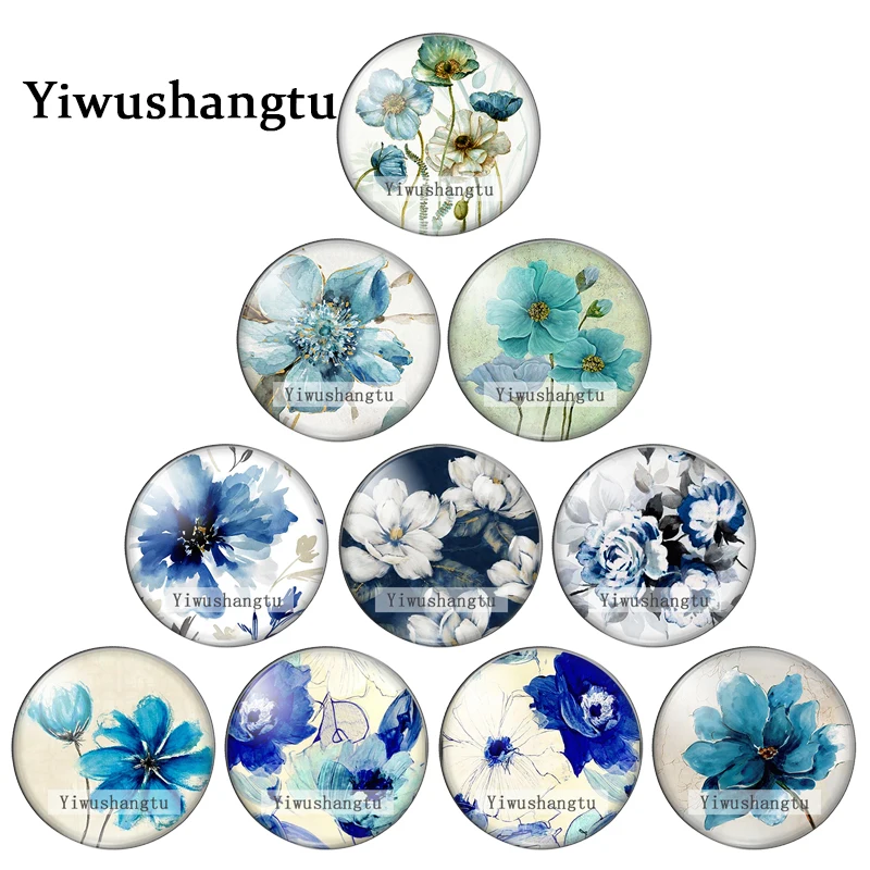 Fashion watercolor blue lotus art flower paintings 12mm/18mm/20mm/25mm Round photo glass cabochon demo flat back Making findings