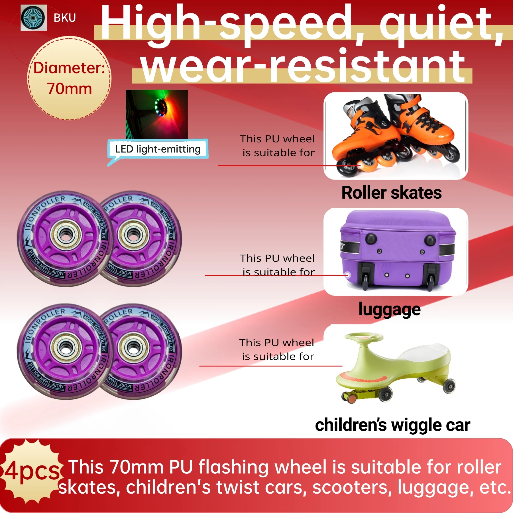 عجلات تزلج دوارة من البولي يوريثان مضيئة بإضاءة LED للأطفال، فلاش صف واحد، عجلات متوهجة للدراجات البخارية، دراجات الأطفال، 70 مم، 4 قطع