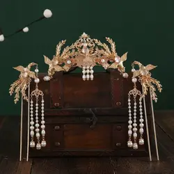 Women's Gold Plated Phoenix Hair Crown With Pearl Tassel Set Chinese Hanfu Headdress