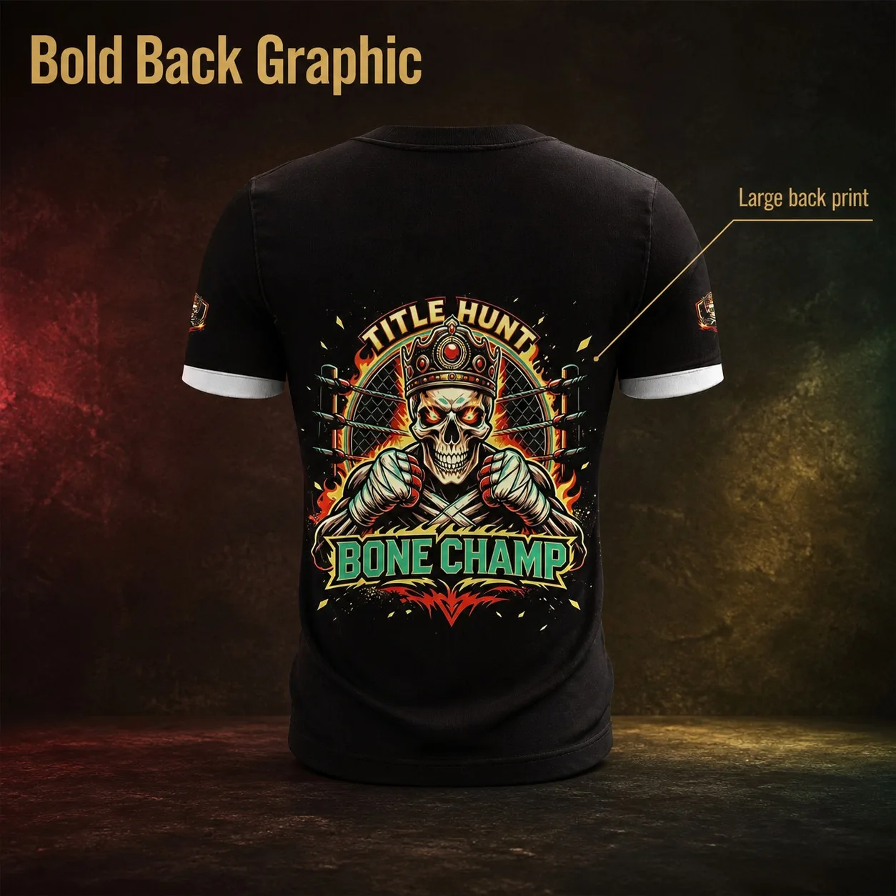 Mens Wrestling Skull Champion Bone Champ Black White Contrast Cuff Dual-Sided Print Hardcore Fighter Streetwear T-Shirt