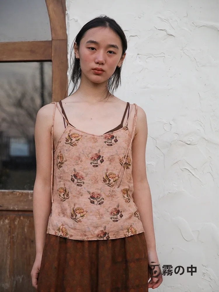 

Original Design Vintage Artistic Loose Cotton Linen Blend Printed Strap Women's Vest Top Bohemian Floral Summer Outerwear