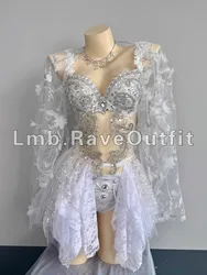 Shiny Diamond Sequin Bra+Shorts+Tutu Skirt Perspective Sexy Coat Female Singer Nightclub DJ Dance Stage Prom Party Rave Wear