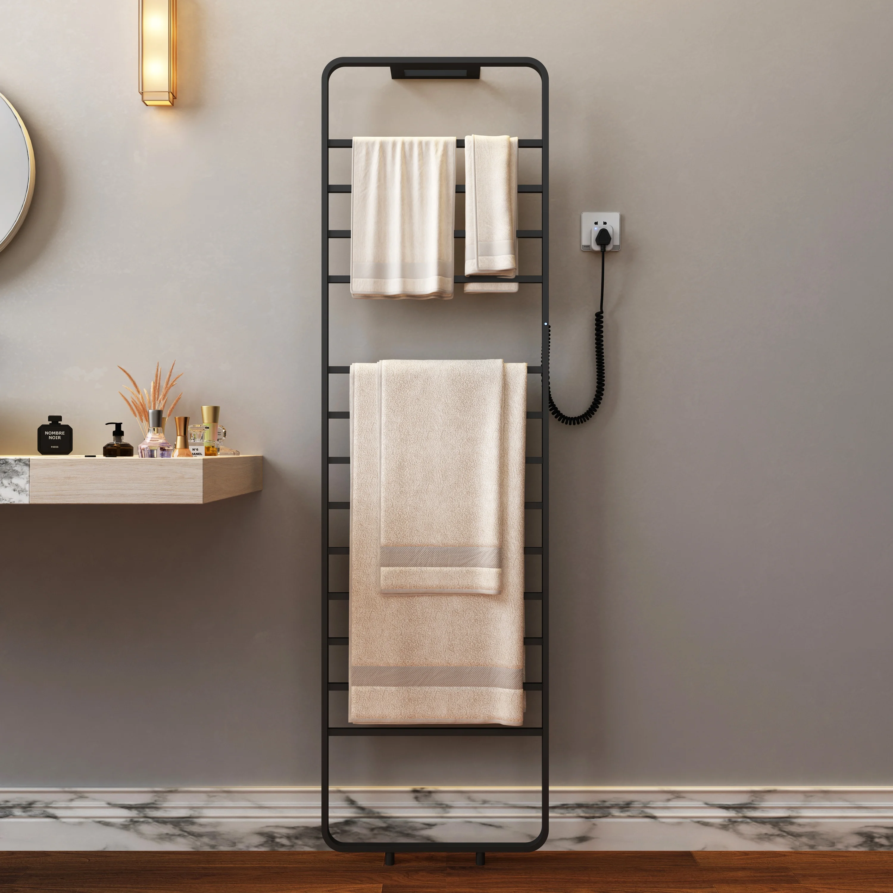 

Towel Rack Big Electric Towel Rail Free Standing Black Color Movable Towel Heated Warmer