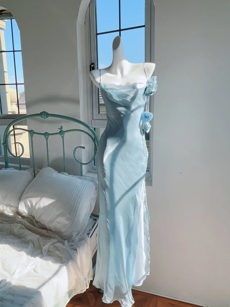 Robe élégante à bretelles spaghetti bleu glace pour femme, coupe couvertes, décoration rose, plissée, col bateau, irrégulière, Eage, robe de fête d'anniversaire