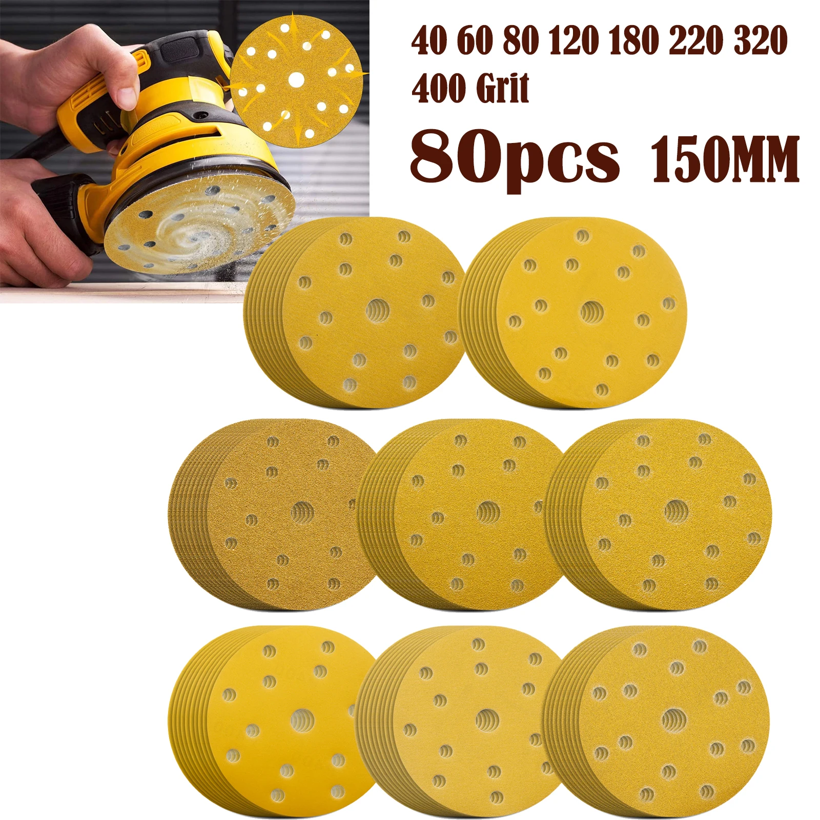 80枚入り 150mm サンドペーパー 15穴 サンディングディスクセット 40 60 80 120 180 220 320 400グリット 丸型 フックアンドループ式 木工用サンドペーパー