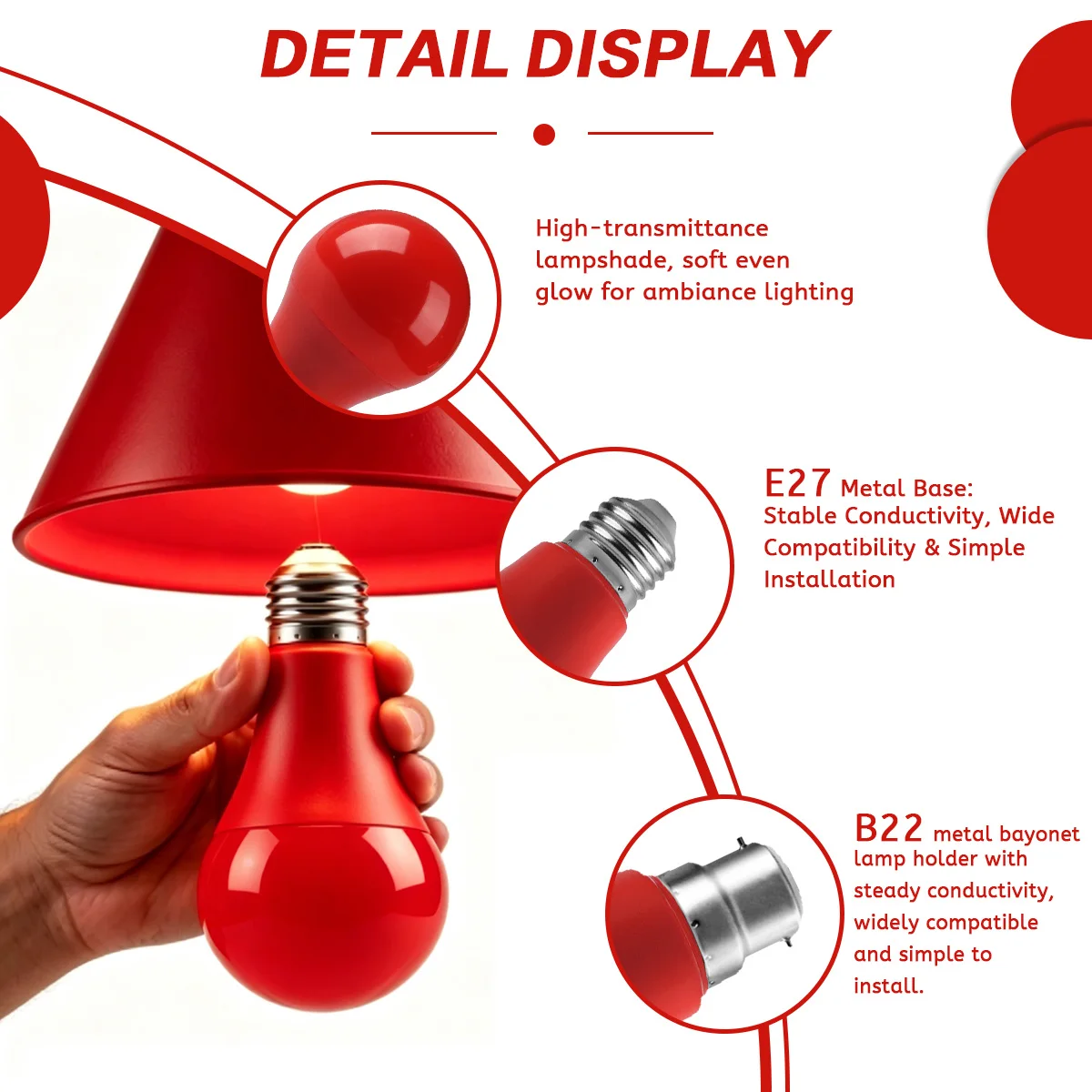 E27 B22 LED Color Bulb 8W RED Lighting 640LM AC100-240V Lamp Decor Bulbs for Bedroom Wedding Party Courtyard Garden Stage