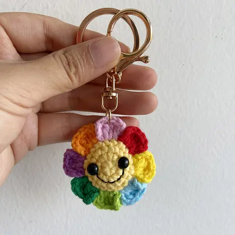 수제 귀여운 뜨개질 웃는 얼굴 해바라기 펜던트 키 체인 자동차 키 액세서리에 대한 크리 에이 티브 크로 셰 뜨개질 열쇠 고리 도매