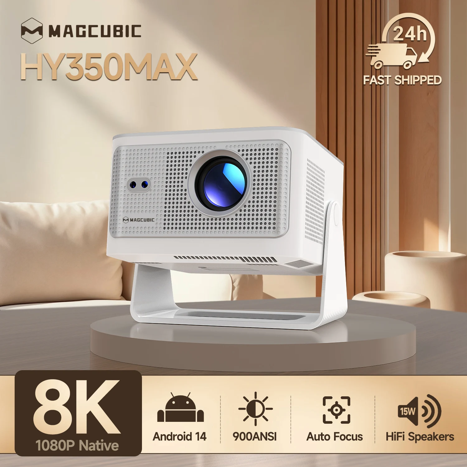 Projecteur Magcubic HY350Max 900 ANSI Android 14 à mise au point automatique, prend en charge la 8K native et la 1080P avec Wifi6 BT5.4 16G Allwinner H726 portable