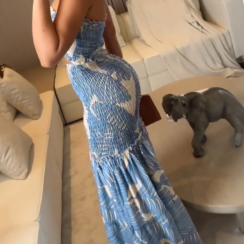 فستان نسائي طويل مثير مطبوع عليه نباتات استوائية برباط مطوي لصيف 2025 ملابس للعطلات فساتين شاطئ مكشكشة مقصوصة للفتيات #5