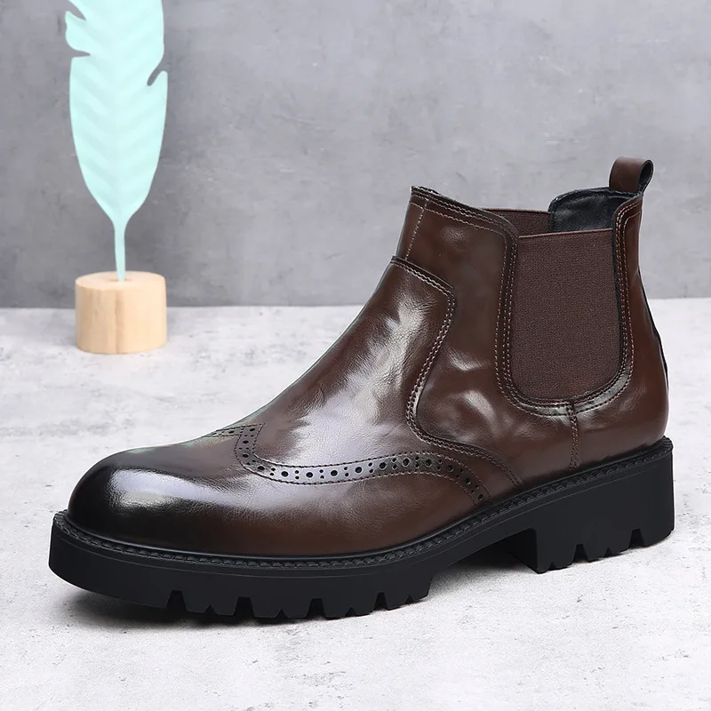 

men casual business wedding original leather boots slip-on carved brogue shoes cowboy platform boot trendy chelsea ankle botas