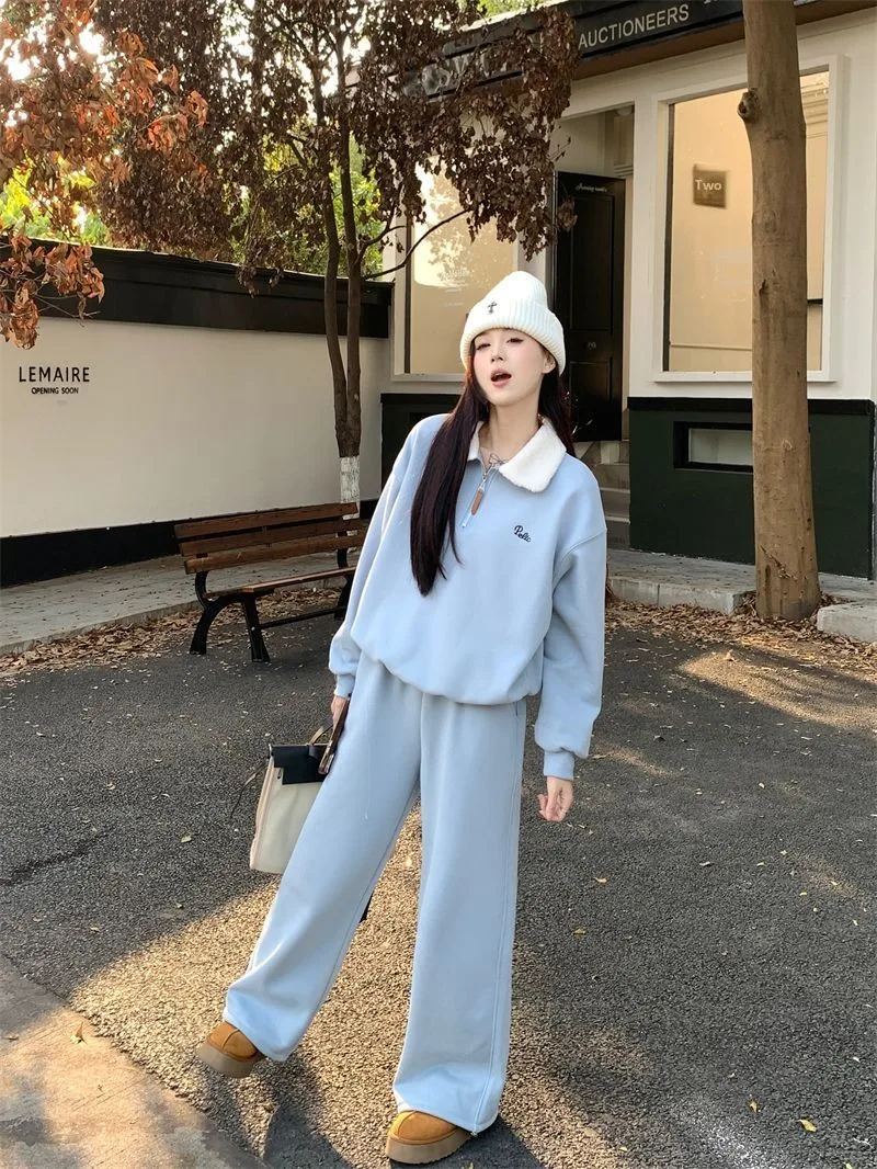 

plus Size Faionable Loose Fce Lined Thiened Warm Embroidered Plu Long Sve Sweatirt Casual Set for plus Size Women