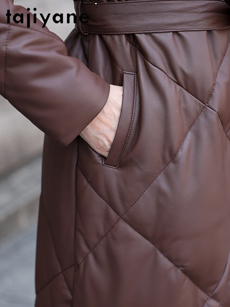 TAJIYANE Real Sheepskin Goose Down Coat Women Long Slim Belt Puffer Jackets Hooded Genuine Leather Jacket Woman Clothes 2025 코트