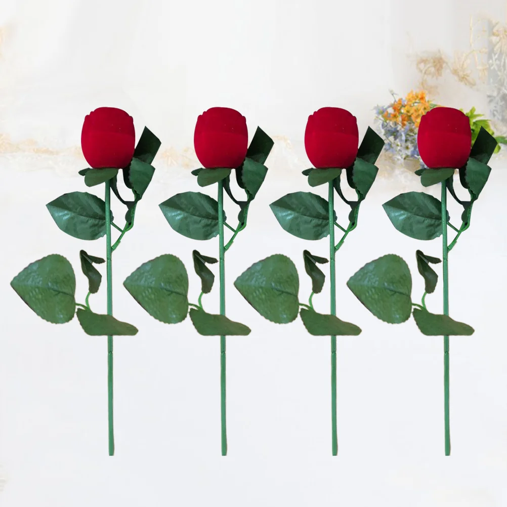 

4pcs Red Rose Ring Boxes Set Creative Jewelry Case Flower Shape Gift Box for Valentine's Day Wedding Engagement