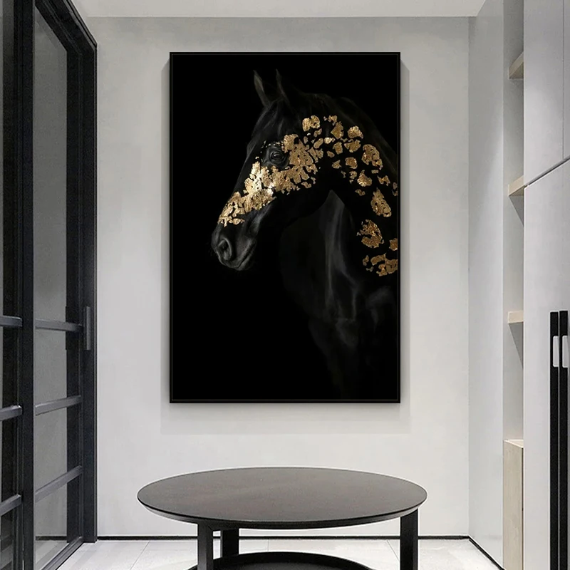 Modern Posters Prints Black Animal Golden Horse Canvas Painting Wall Art Decor Steed  Pictures for Living Room Decor Cuadros